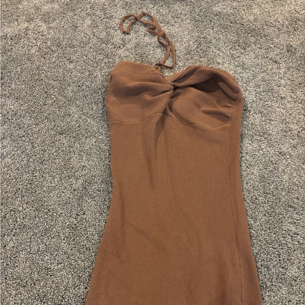 Strapless Twist-Detail Knit Dress in Brown